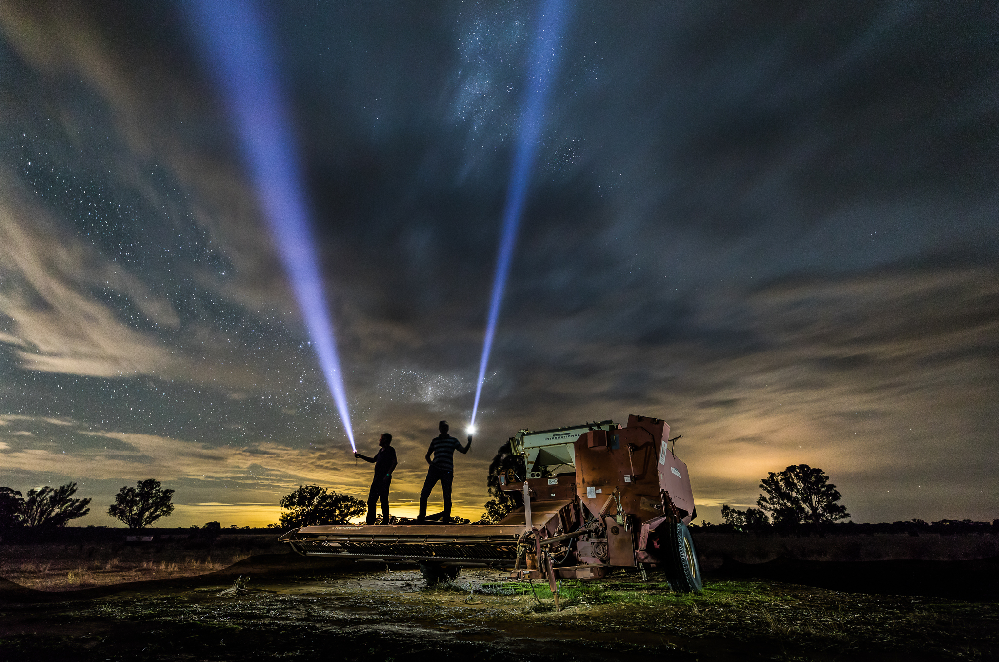 Figure 10 - Light painted Harvester with a sky background - People with a torch pointing to the sky as added interest. (I’m on the left keeping still for 20s exposure with Richard Tatti on the right)